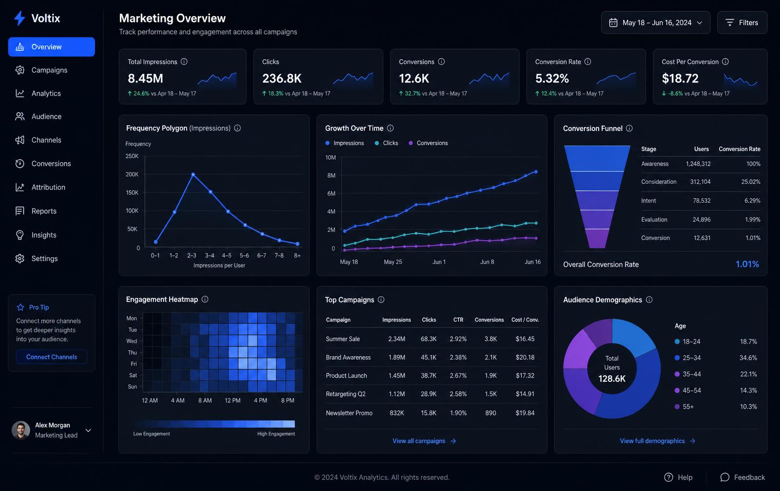 Marketing analytics dashboard showing frequency polygon, growth graph, conversion funnel, engagement heatmap and audience demographics